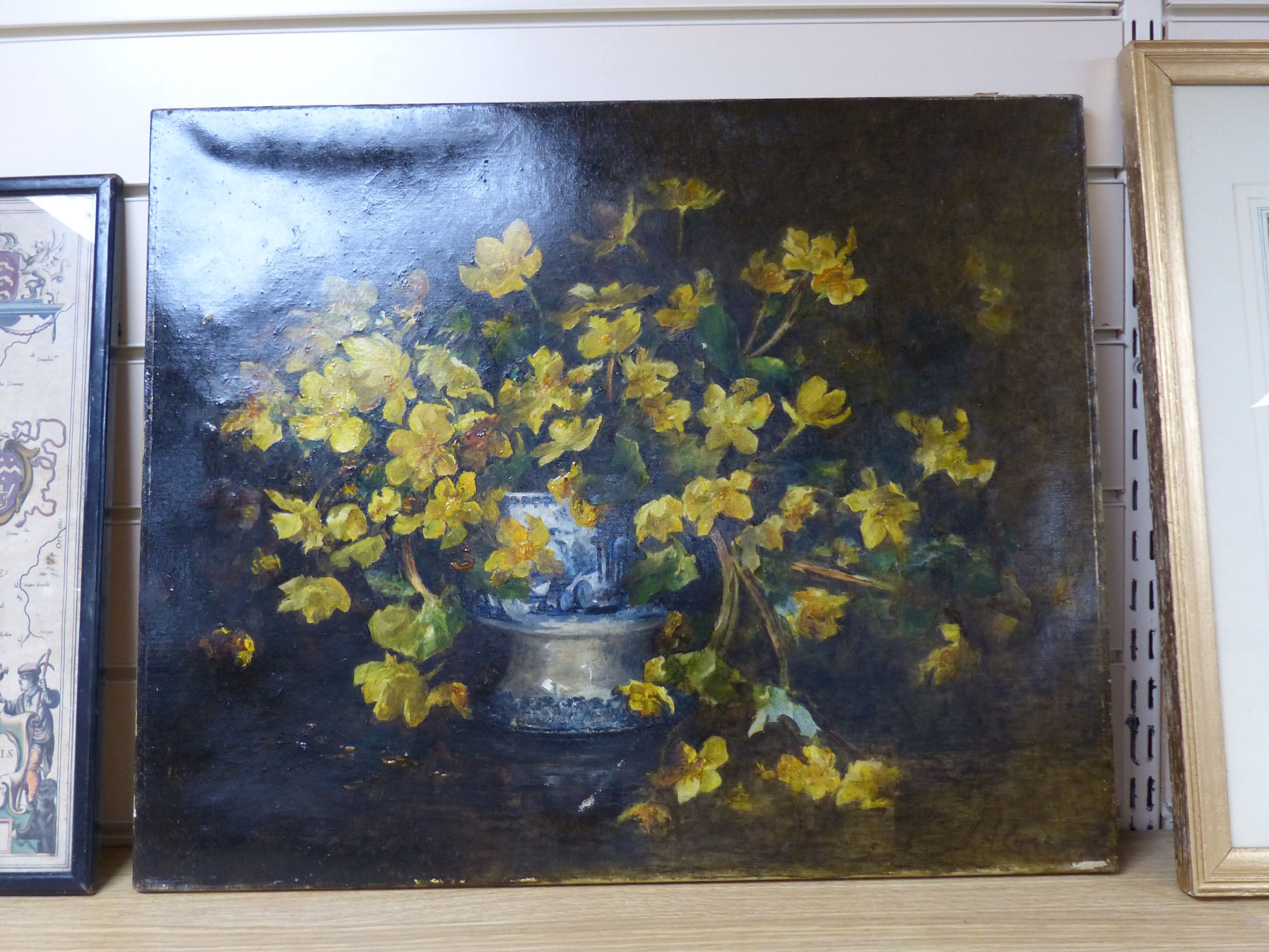 J.A. .... , oil on canvas, Still life of daffodils in a vase, signed, 46 x 56cm, unframed